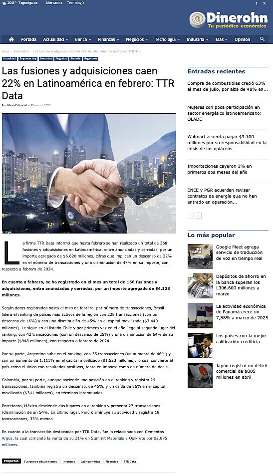 Las fusiones y adquisiciones caen 22% en Latinoamrica en febrero: TTR Data